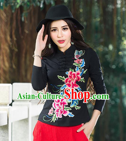 Traditional Chinese National Costume, Elegant Hanfu Embroidery Peony Flowers Stand Collar Black T-Shirt, China Tang Suit Republic of China Blouse Cheongsam Upper Outer Garment Qipao Shirts Clothing for Women