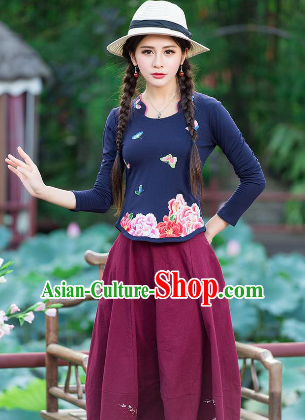 Traditional Chinese National Costume, Elegant Hanfu Embroidery Peony Flowers Navy T-Shirt, China Tang Suit Republic of China Blouse Cheongsam Upper Outer Garment Qipao Shirts Clothing for Women