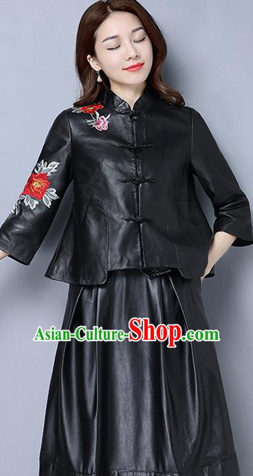 Traditional Ancient Chinese National Costume, Elegant Hanfu Stand Collar Embroidery Black PU Coat, China Tang Suit Plated Buttons Jacket, Upper Outer Garment Short Coat Clothing for Women