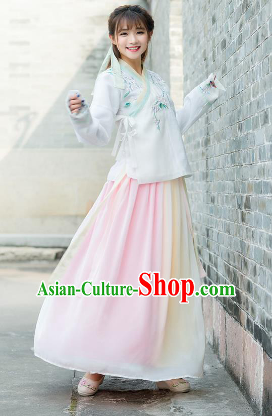 Traditional Ancient Chinese Costume, Elegant Hanfu Young Lady Clothing Embroidered Slant Opening Blouse and Dress, China Ming Dynasty Princess Elegant Blouse and Skirt Complete Set for Women