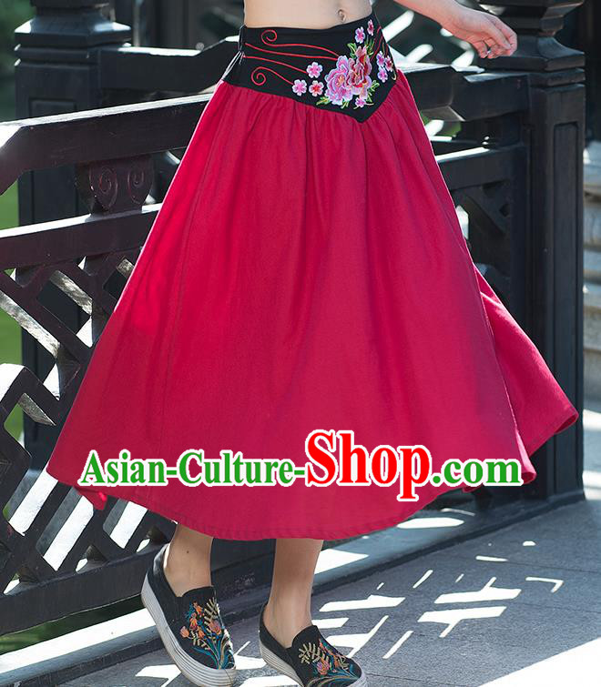 Traditional Ancient Chinese National Pleated Skirt Costume, Elegant Hanfu Embroidery Flowers Belt Long Red Skirt, China Tang Suit Bust Skirt for Women