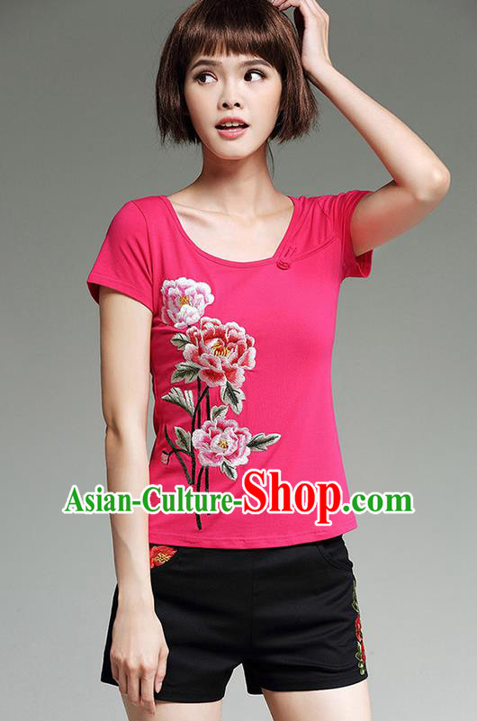 Traditional Chinese National Costume, Elegant Hanfu Embroidery Peony Flowers Round Collar Pink T-Shirt, China Tang Suit Republic of China Blouse Cheongsam Upper Outer Garment Qipao Shirts Clothing for Women