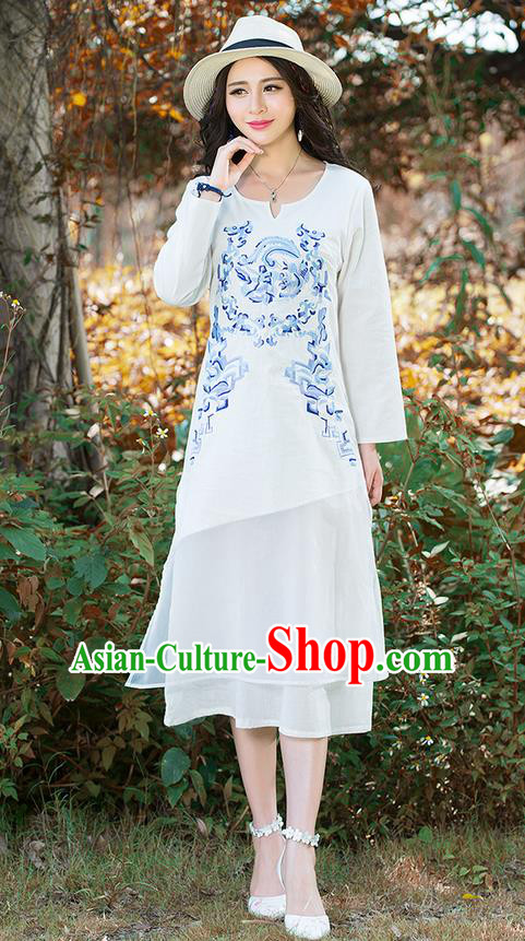 Traditional Ancient Chinese National Costume, Elegant Hanfu Mandarin Qipao Embroidery Dragon and Phoenix Totem White Dress, China Tang Suit Chirpaur Republic of China Cheongsam Upper Outer Garment Elegant Dress Clothing for Women