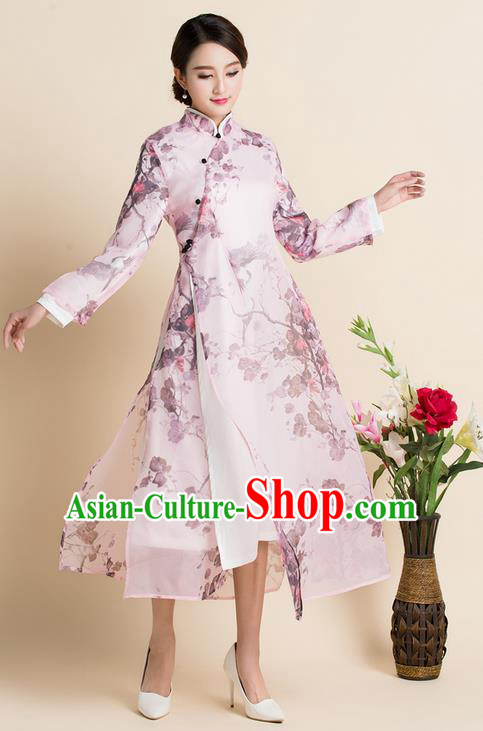 Traditional Ancient Chinese National Costume, Elegant Hanfu Mandarin Qipao Organza Printing Dress, China Tang Suit Chirpaur Republic of China Stand Collar Cheongsam Upper Outer Garment Elegant Dress Clothing for Women