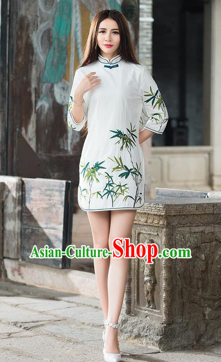 Traditional Ancient Chinese National Costume, Elegant Hanfu Mandarin Qipao Embroidery Bamboo White Dress, China Tang Suit Chirpaur Republic of China Stand Collar Cheongsam Elegant Dress Clothing for Women