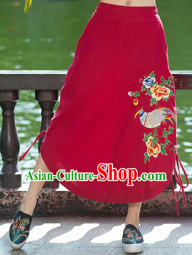 Traditional Ancient Chinese National Pleated Skirt Costume, Elegant Hanfu Embroidery Birds Flowers Long Red Irregular Skirt, China Tang Suit Bust Skirt for Women