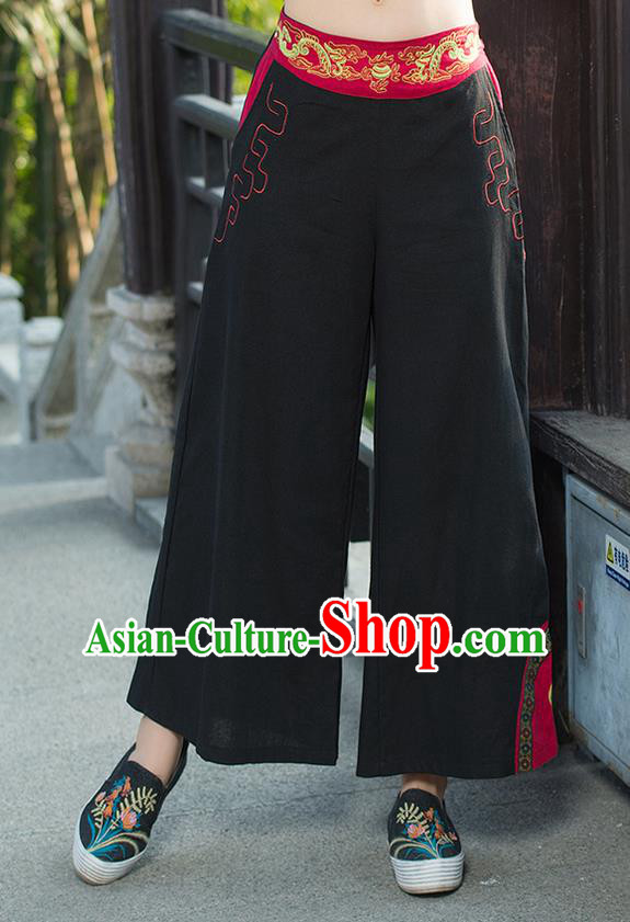 Traditional Chinese National Costume Loose Pants, Elegant Hanfu Embroidered Black Wide-leg Trousers, China Ethnic Minorities Folk Dance Baggy Pants for Women