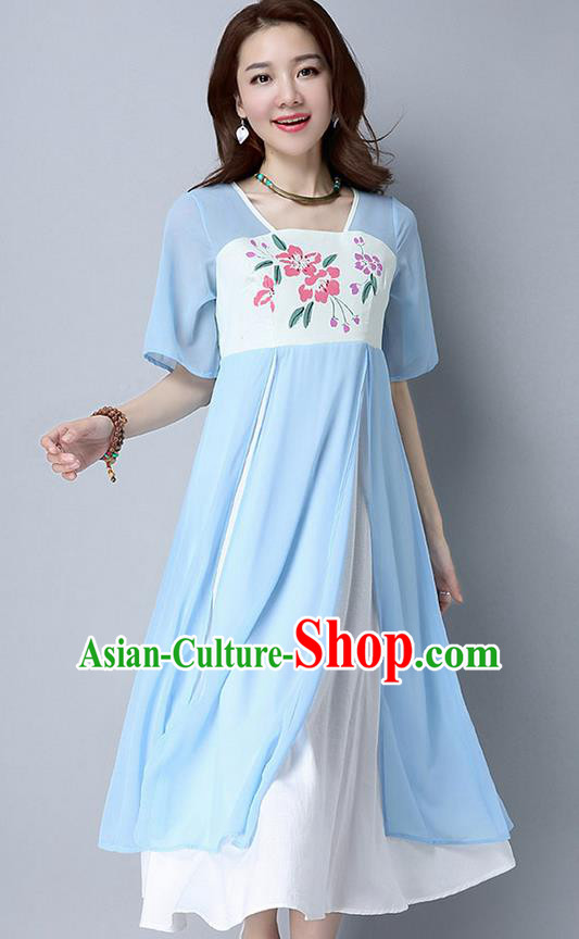 Traditional Ancient Chinese National Costume, Elegant Hanfu Chiffon Printing Flowers Blue Dress, China Tang Suit Chirpaur Cheongsam Elegant Dress Clothing for Women