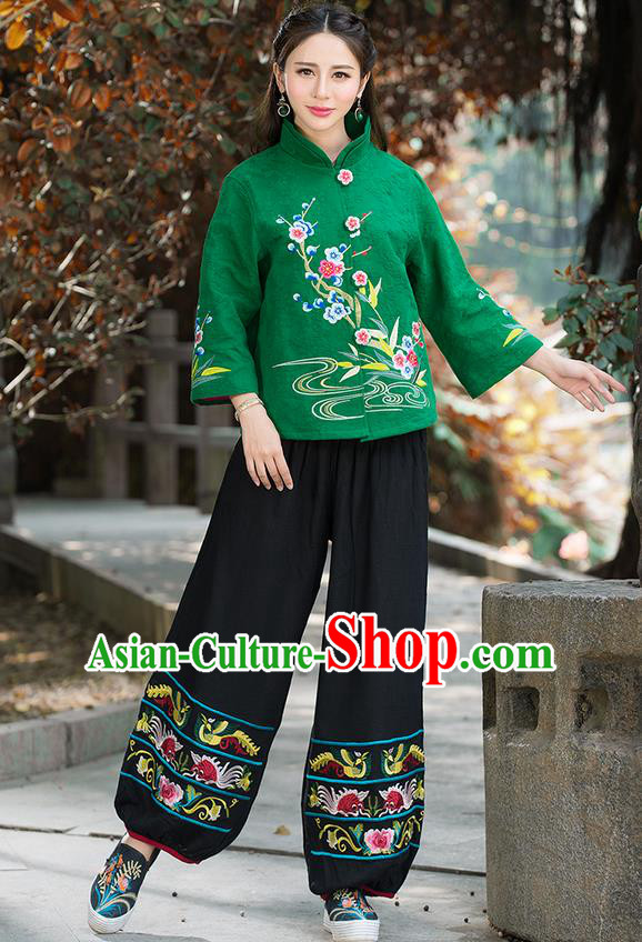 Traditional Chinese National Costume, Elegant Hanfu Embroidery Flowers Slant Opening Green Coat, China Tang Suit Republic of China Plated Buttons Blouse Cheongsam Upper Outer Garment Qipao Jacket Clothing for Women