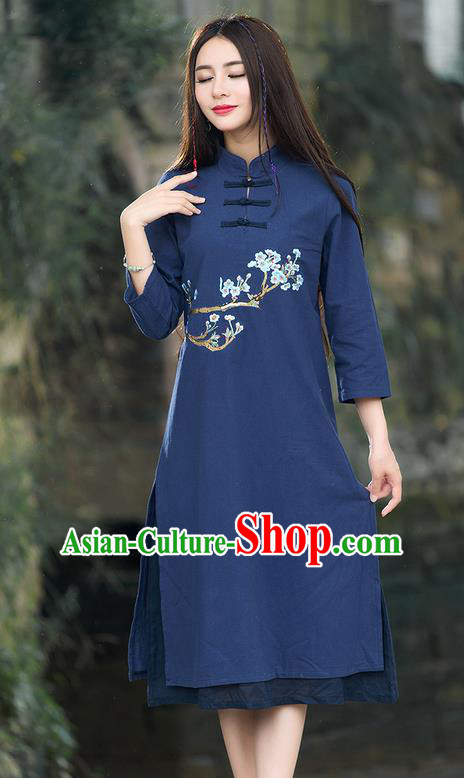 Traditional Ancient Chinese National Costume, Elegant Hanfu Mandarin Qipao Embroidery Flowers Navy Dress, China Tang Suit Stand Collar Chirpaur Republic of China Plated Buttons Cheongsam Elegant Dress Clothing for Women