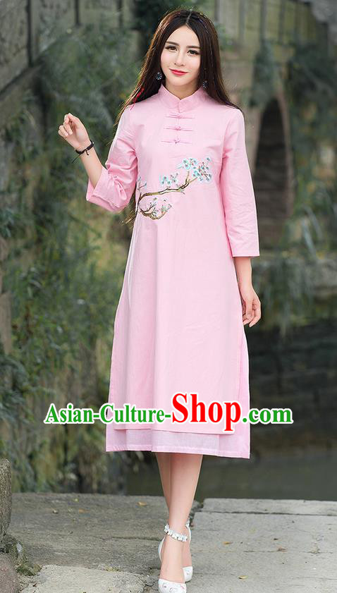 Traditional Ancient Chinese National Costume, Elegant Hanfu Mandarin Qipao Embroidery Flowers Pink Dress, China Tang Suit Stand Collar Chirpaur Republic of China Plated Buttons Cheongsam Elegant Dress Clothing for Women