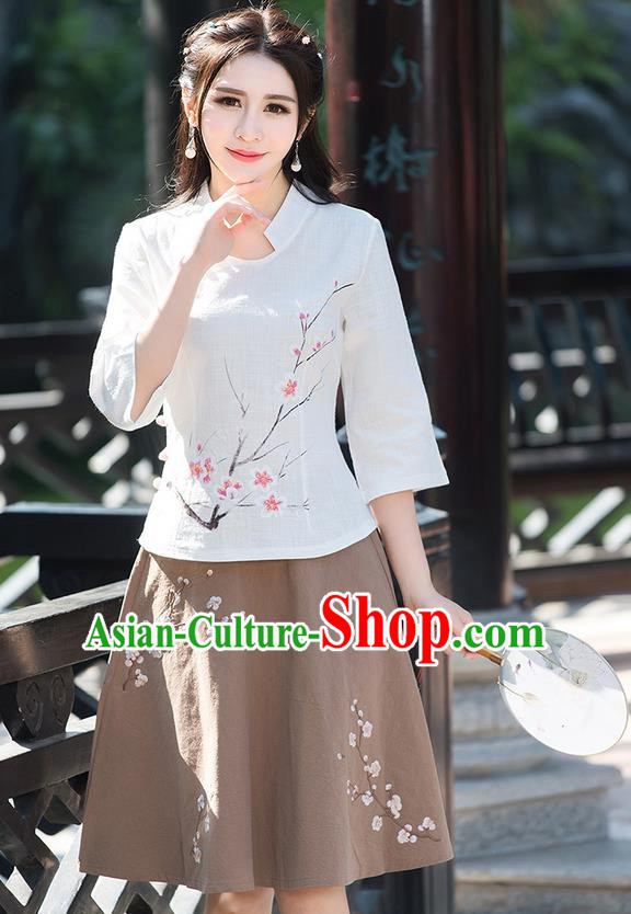 Traditional Ancient Chinese National Pleated Skirt Costume, Elegant Hanfu Embroidery Wintersweet Flowers Khaki Skirt, China Tang Suit Bust Skirt for Women