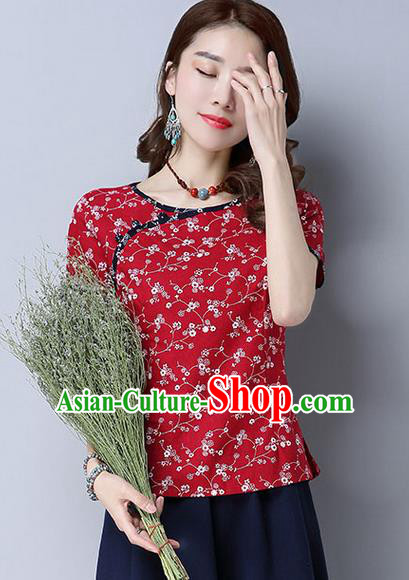 Traditional Chinese National Costume, Elegant Hanfu Flower Color Red T-Shirt, China Tang Suit Republic of China Plated Buttons Blouse Cheongsam Upper Outer Garment Qipao Shirts Clothing for Women