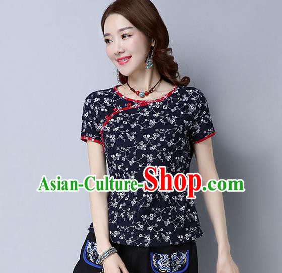 Traditional Chinese National Costume, Elegant Hanfu Flower Color Navy T-Shirt, China Tang Suit Republic of China Plated Buttons Blouse Cheongsam Upper Outer Garment Qipao Shirts Clothing for Women