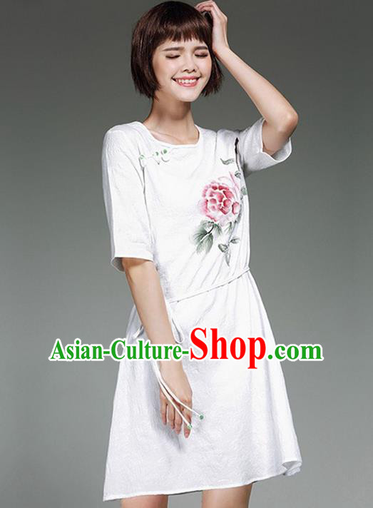 Traditional Ancient Chinese National Costume, Elegant Hanfu Printing White Dress, China Tang Suit Chirpaur Republic of China Plated Buttons Cheongsam Elegant Dress Clothing for Women