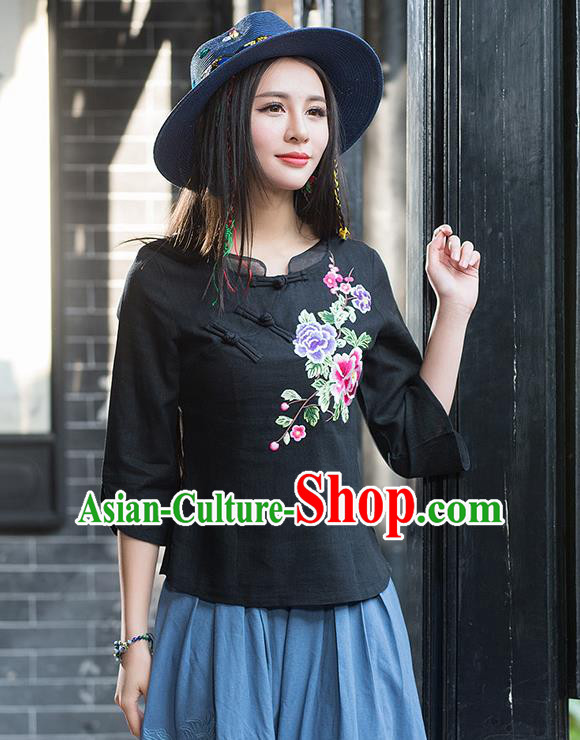 Traditional Chinese National Costume, Elegant Hanfu Embroidery Flowers Slant Opening Black Blouses, China Tang Suit Republic of China Plated Buttons Linen Blouse Cheongsam Upper Outer Garment Qipao Shirts Clothing for Women
