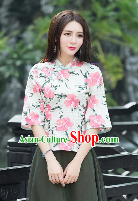 Traditional Chinese National Costume, Elegant Hanfu Linen Slant Opening Pink T-Shirt, China Tang Suit Republic of China Plated Buttons Blouse Cheongsam Upper Outer Garment Qipao Shirts Clothing for Women