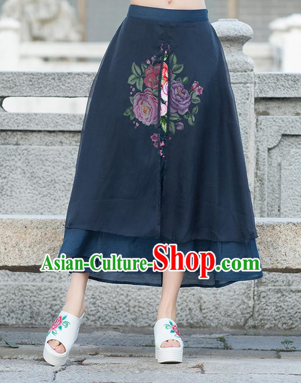 Traditional Ancient Chinese National Pleated Skirt Costume, Elegant Hanfu Embroidery Peony Flowers Double-deck Long Navy Skirt, China Tang Suit Bust Skirt for Women