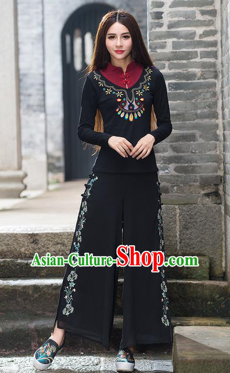 Traditional Chinese National Costume Loose Pants, Elegant Hanfu Embroidered Wide-leg Black Chiffon Trousers, China Ethnic Minorities Folk Dance Baggy Pants for Women