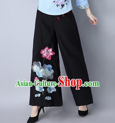 Traditional Chinese National Costume Loose Pants, Elegant Hanfu Embroidered Lotus Wide-leg Black Trousers, China Ethnic Minorities Folk Dance Baggy Pants for Women