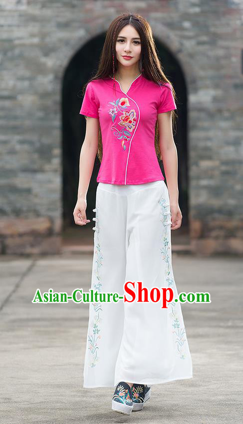 Traditional Chinese National Costume Loose Pants, Elegant Hanfu Embroidered Wide-leg White Chiffon Trousers, China Ethnic Minorities Folk Dance Baggy Pants for Women