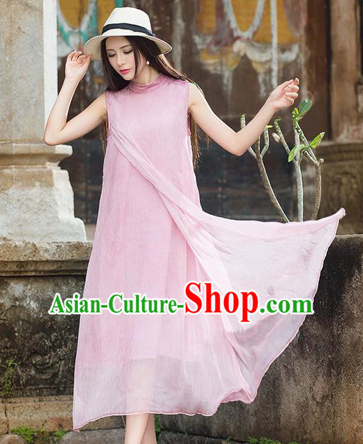 Traditional Ancient Chinese National Costume, Elegant Hanfu Mandarin Qipao Pink Dress, China Tang Suit Chirpaur Republic of China Stand Collar Cheongsam Elegant Dress Clothing for Women