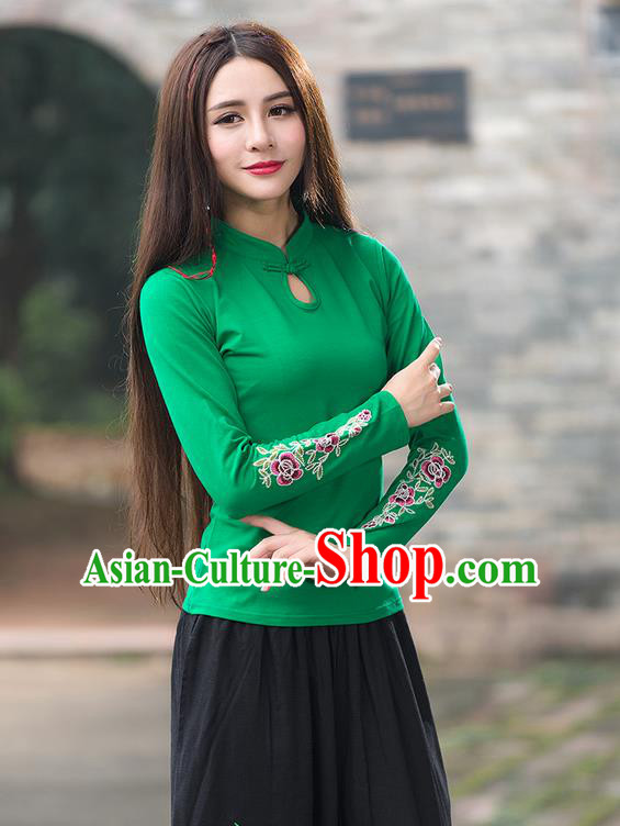 Traditional Chinese National Costume, Elegant Hanfu Embroidery Flowers Stand Collar Green T-Shirt, China Tang Suit Republic of China Plated Buttons Blouse Cheongsam Upper Outer Garment Qipao Shirts Clothing for Women