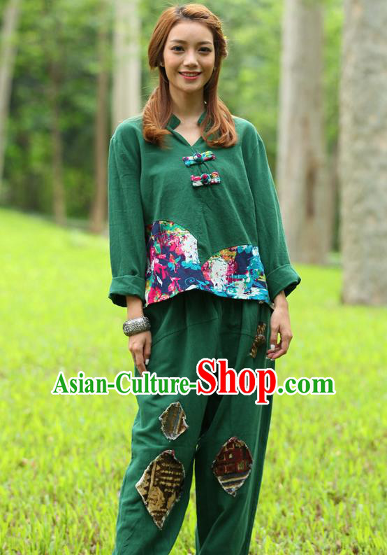 Traditional Chinese National Costume, Elegant Hanfu Joint Color Flowers Linen Green T-Shirt, China Tang Suit Plated Buttons Blouse Cheongsam Upper Outer Garment Qipao Shirts Clothing for Women