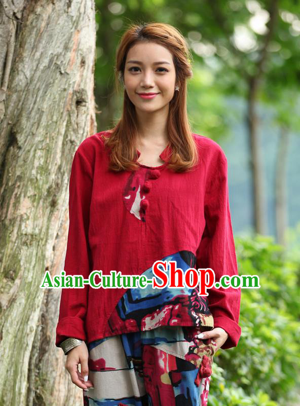 Traditional Chinese National Costume, Elegant Hanfu Joint Color Flowers Linen Plated Buttons Red T-Shirt, China Tang Suit Blouse Cheongsam Upper Outer Garment Qipao Shirts Clothing for Women