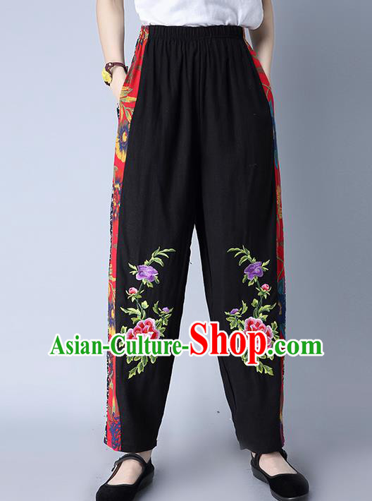 Traditional Chinese National Costume Plus Fours, Elegant Hanfu Patch Embroidery Peony Black Bloomers, China Ethnic Minorities Folk Dance Tang Suit Pantalettes for Women
