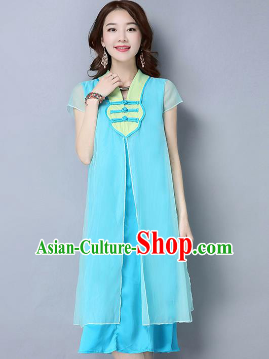 Traditional Ancient Chinese National Costume, Elegant Hanfu Chiffon Plated Buttons Blue Dress, China Tang Suit Chirpaur Cheongsam Elegant Dress Clothing for Women