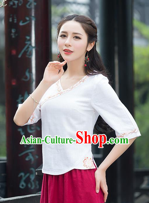 Traditional Chinese National Costume, Elegant Hanfu Embroidery White Shirt, China Tang Suit Republic of China Blouse Cheongsam Upper Outer Garment Qipao Shirts Clothing for Women