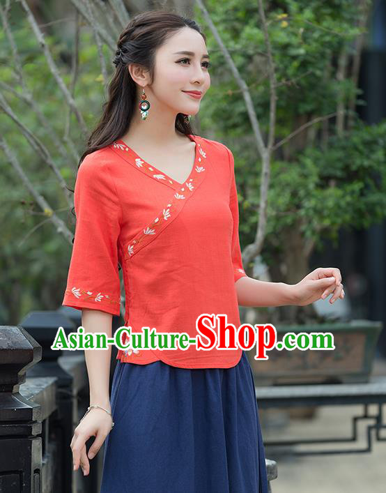 Traditional Chinese National Costume, Elegant Hanfu Embroidery Orange Shirt, China Tang Suit Republic of China Blouse Cheongsam Upper Outer Garment Qipao Shirts Clothing for Women
