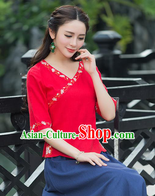 Traditional Chinese National Costume, Elegant Hanfu Embroidery Red Shirt, China Tang Suit Republic of China Blouse Cheongsam Upper Outer Garment Qipao Shirts Clothing for Women