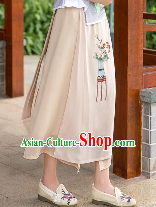 Traditional Ancient Chinese National Pleated Skirt Costume, Elegant Hanfu Hand Painting Flowers Long Apricot Skirt, China Tang Suit Bust Skirt for Women