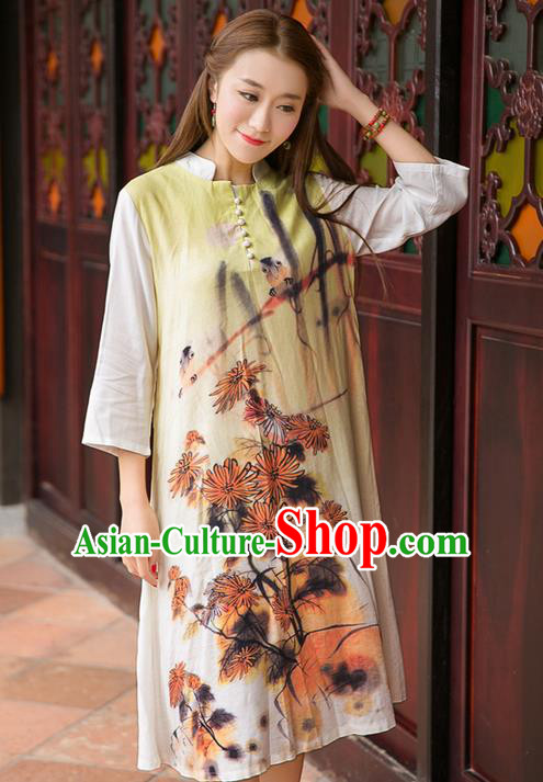 Traditional Ancient Chinese National Costume, Elegant Hanfu Mandarin Qipao Linen Printing Dress, China Tang Suit Chirpaur Republic of China Cheongsam Upper Outer Garment Elegant Dress Clothing for Women