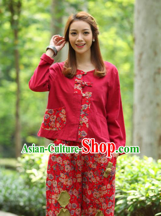 Traditional Chinese National Costume, Elegant Hanfu Patch Contrast Color Red T-Shirt, China Tang Suit Republic of China Plated Buttons Blouse Cheongsam Upper Outer Garment Qipao Shirts Clothing for Women