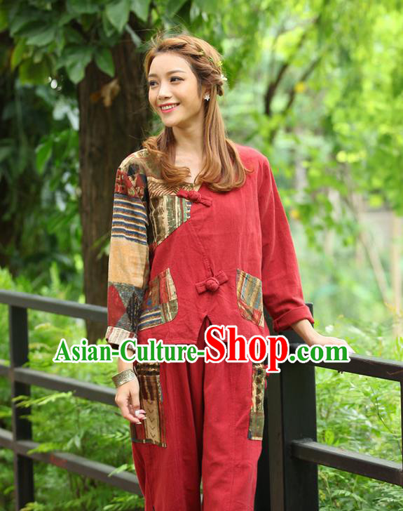 Traditional Chinese National Costume, Elegant Hanfu Joint Contrast Color Red T-Shirt, China Tang Suit Republic of China Plated Buttons Blouse Cheongsam Upper Outer Garment Qipao Shirts Clothing for Women