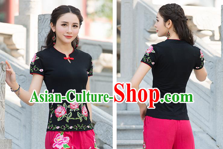 Traditional Chinese National Costume, Elegant Hanfu Embroidery Flowers Black T-Shirt, China Tang Suit Republic of China Plated Buttons Blouse Cheongsam Upper Outer Garment Qipao Shirts Clothing for Women