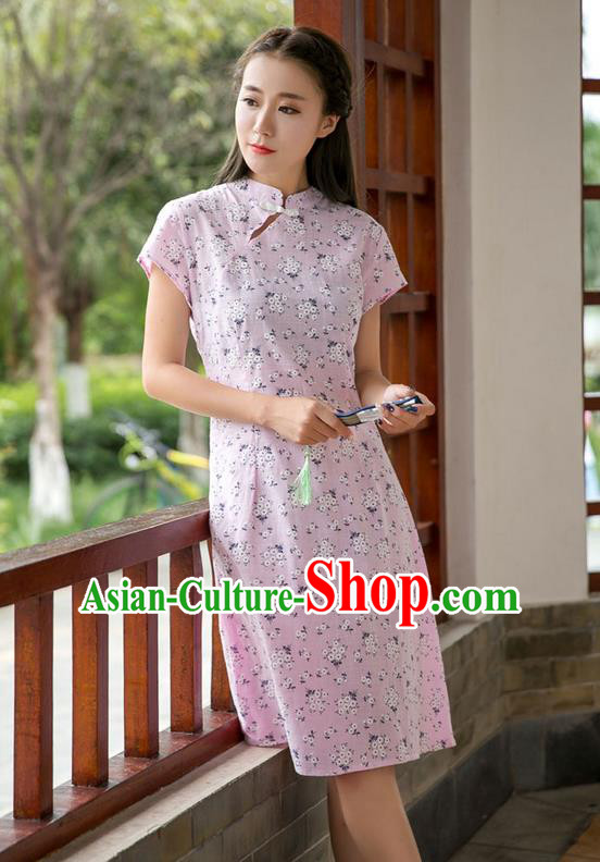 Traditional Ancient Chinese National Costume, Elegant Hanfu Mandarin Qipao Stand Collar Pink Dress, China Tang Suit Chirpaur Republic of China Plated Buttons Cheong-sam Elegant Dress Clothing for Women