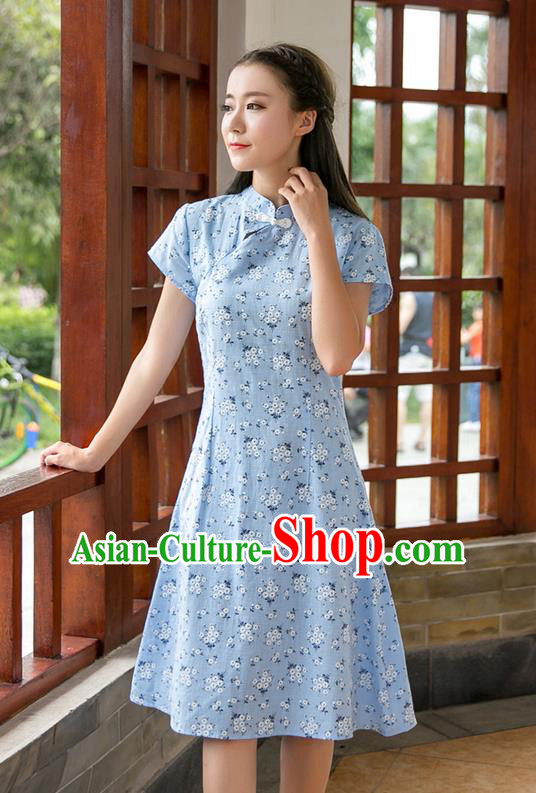 Traditional Ancient Chinese National Costume, Elegant Hanfu Mandarin Qipao Stand Collar Blue Dress, China Tang Suit Chirpaur Republic of China Plated Buttons Cheong-sam Elegant Dress Clothing for Women