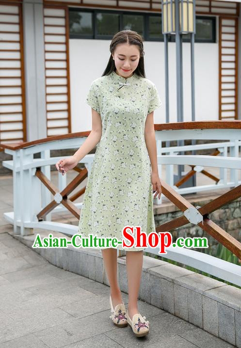 Traditional Ancient Chinese National Costume, Elegant Hanfu Mandarin Qipao Stand Collar Green Dress, China Tang Suit Chirpaur Republic of China Plated Buttons Cheong-sam Elegant Dress Clothing for Women