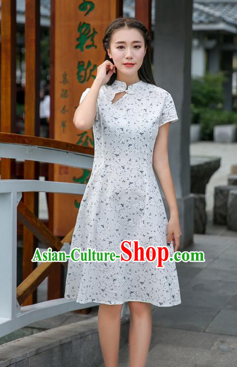 Traditional Ancient Chinese National Costume, Elegant Hanfu Mandarin Qipao Stand Collar White Dress, China Tang Suit Chirpaur Republic of China Plated Buttons Cheong-sam Elegant Dress Clothing for Women