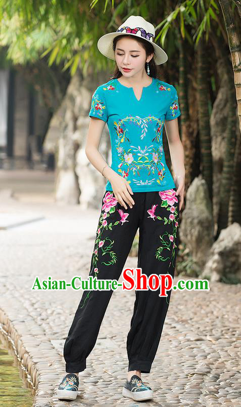 Traditional Chinese National Costume, Elegant Hanfu Embroidery Phoenix Blue T-Shirt, China Tang Suit Republic of China Plated Chirpaur Buttons Blouse Cheong-sam Upper Outer Garment Qipao Shirts Clothing for Women
