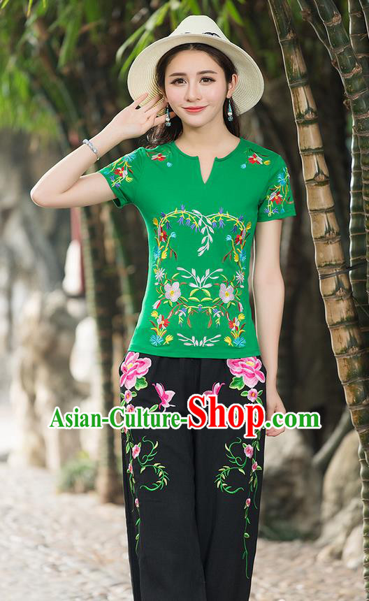 Traditional Chinese National Costume, Elegant Hanfu Embroidery Flowers Green T-Shirt, China Tang Suit Republic of China Chirpaur Buttons Blouse Cheong-sam Upper Outer Garment Qipao Shirts Clothing for Women