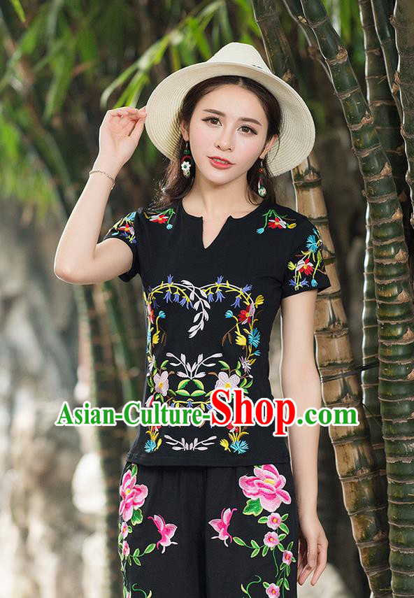 Traditional Chinese National Costume, Elegant Hanfu Embroidery Flowers Black T-Shirt, China Tang Suit Republic of China Chirpaur Buttons Blouse Cheong-sam Upper Outer Garment Qipao Shirts Clothing for Women