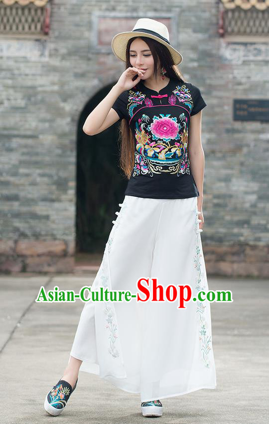 Traditional Chinese National Costume, Elegant Hanfu Embroidery Peony Flowers Black T-Shirt, China Tang Suit Republic of China Chirpaur Plated Buttons Blouse Cheong-sam Upper Outer Garment Qipao Shirts Clothing for Women