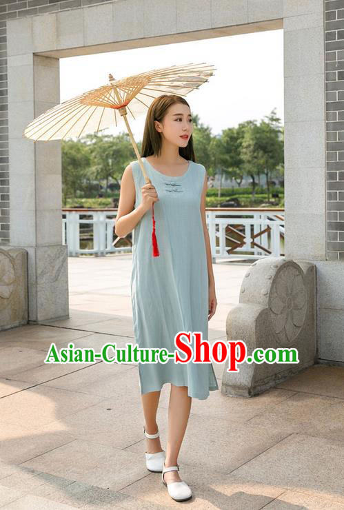 Traditional Ancient Chinese National Costume, Elegant Hanfu Mandarin Qipao Linen Blue Dress, China Tang Suit Chirpaur Republic of China Plated Buttons Cheongsam Elegant Dress Clothing for Women