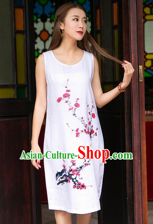 Traditional Ancient Chinese National Costume, Elegant Hanfu Mandarin Qipao Linen Ink Painting Wintersweet Dress, China Tang Suit Chirpaur Republic of China Plated Buttons Cheongsam Elegant Dress Clothing for Women
