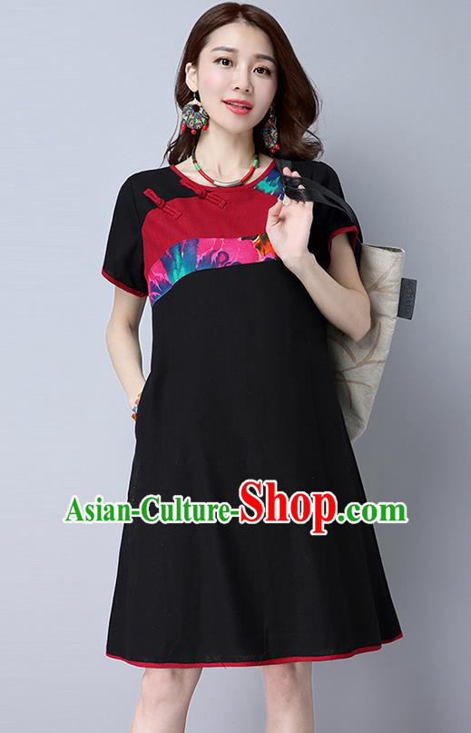 Traditional Ancient Chinese National Costume, Elegant Hanfu Mandarin Qipao Linen Black Gored Dress, China Tang Suit Chirpaur Republic of China Plated Buttons Cheongsam Elegant Dress Clothing for Women